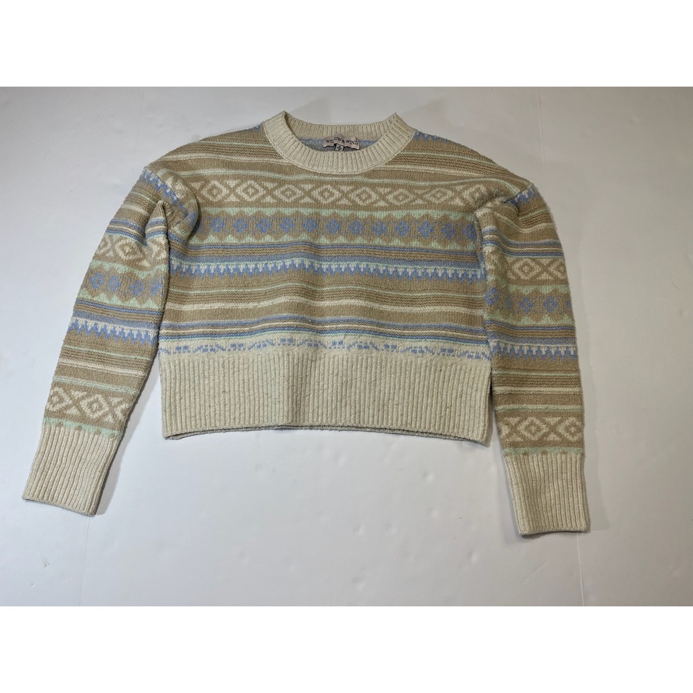 Willow & Wind Fair Isle Sweater Womens Medium Tan Blue Excellent Geometric Knit